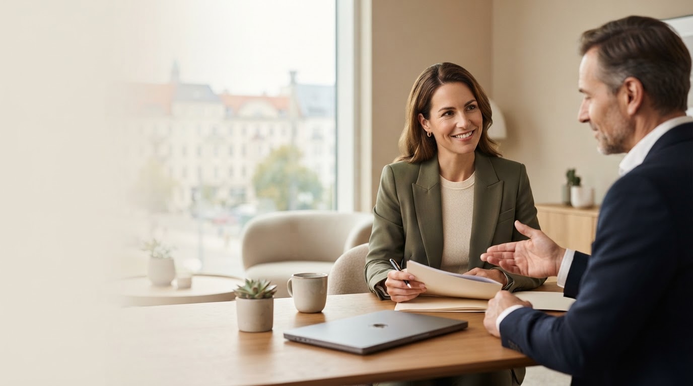 Zinskonto Plus – Finanzberater und Kundin besprechen datenbasierte Anlagestrategie